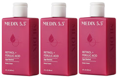 Medix 5.5 Retinol Body Lotion bottle with pump for quick, hydrating application.