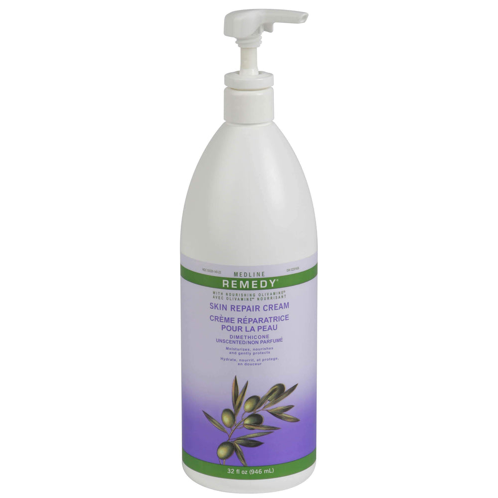 Medline Remedy Unscented Olivamine Skin Repair Cream bottle shows skin-saving formula for dry skin relief