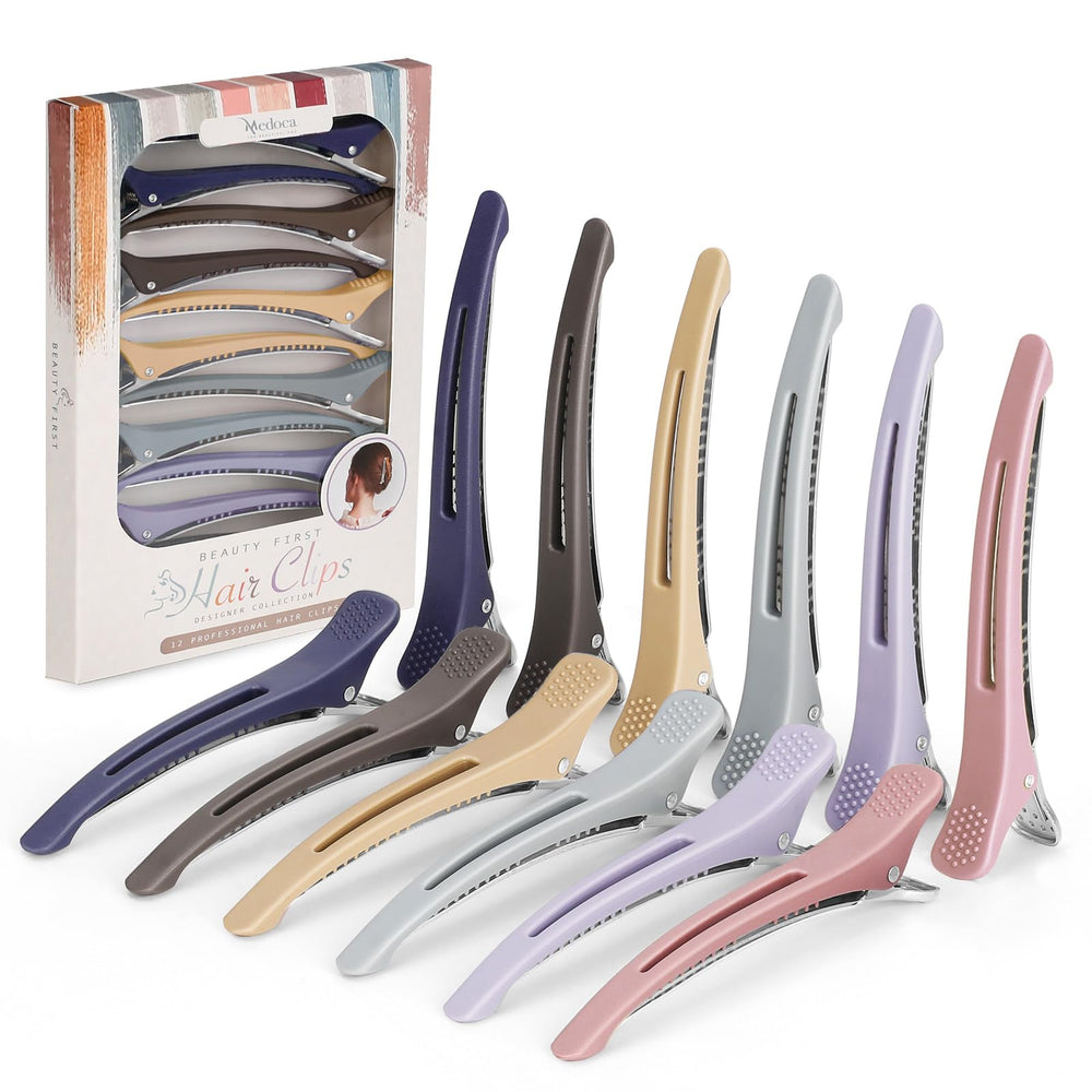 Medoca duck-billed hair clip in ashen color aids secure sectioning during blowouts.