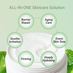 Meebak Cica Cream jar front highlighting calming formula for sensitive skin.