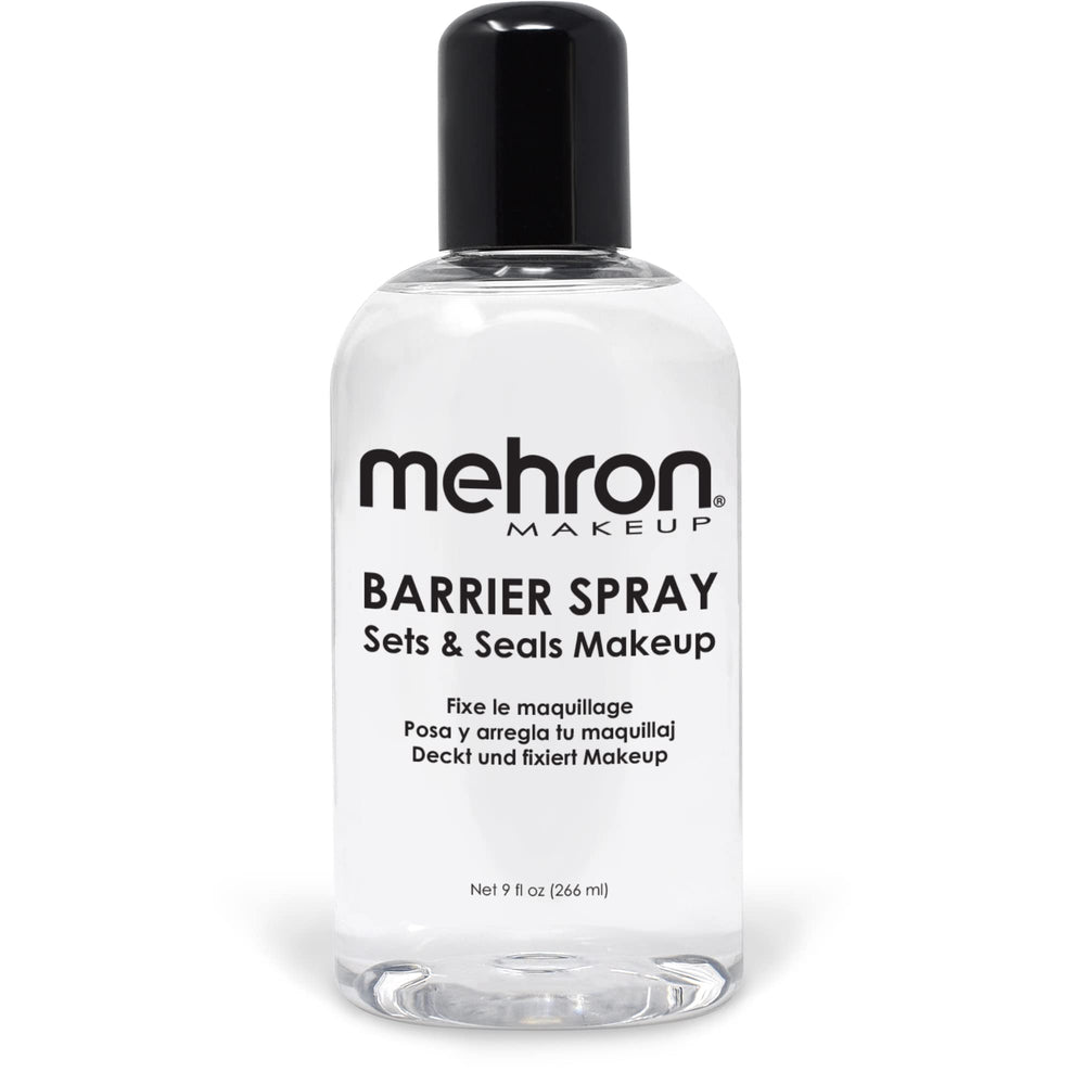 Mehron Barrier Spray bottle closeup showing professional makeup seal and long wear promise