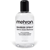 Mehron Barrier Spray bottle closeup showing professional makeup seal and long wear promise