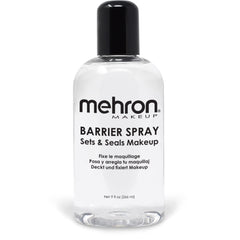 Mehron Barrier Spray bottle closeup showing professional makeup seal and long wear promise