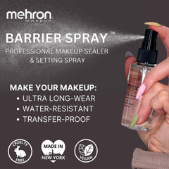 Etiqueta y caja de Mehron Barrier Spray para venta profesional.