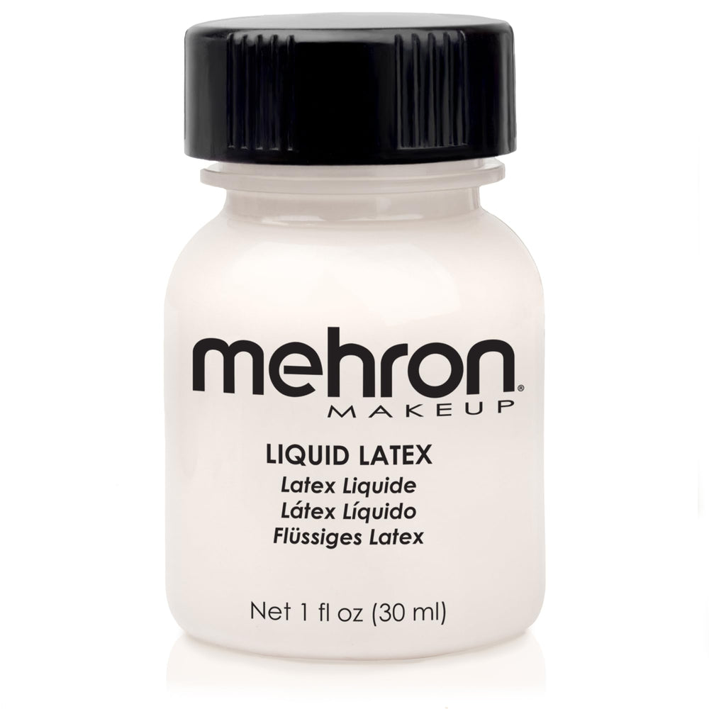 Mehron Liquid Latex, botella clara, adhesión segura para prótesis y efectos.