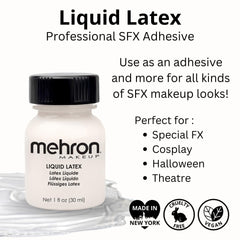 Mehron Liquid Latex, textura 3D con algodón para efectos realistas.