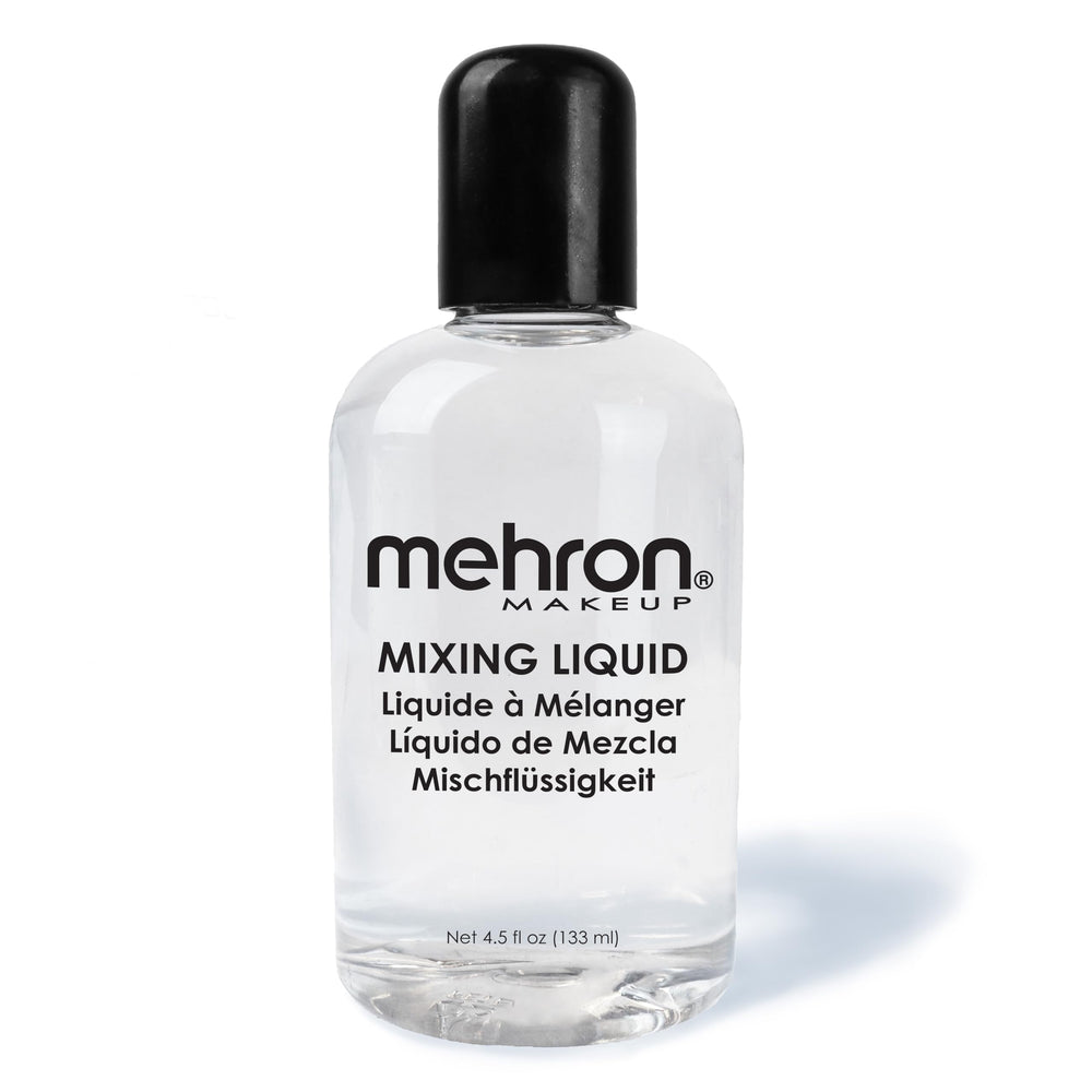 Mehron Mixing Liquid en envase claro para acabado duradero en maquillaje.