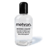 Mehron Mixing Liquid en envase claro para acabado duradero en maquillaje.
