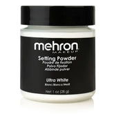 Mehron polvo fijador blanco Ultra, acabado suave y duradero.