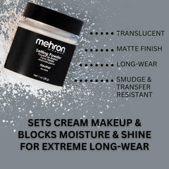 Aplicación con puff de Mehron fijador suelto absorbe humedad y fija maquillaje