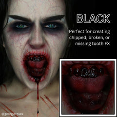 Dientes negros con Tooth FX Negro, aspecto duradero para maquillaje de fiestas.