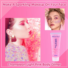 MEICOLY Chameleon Glitter, aplicación suave en rostro y cuerpo, efecto cambiante según la luz.