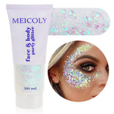 MEICOLY Clear White Body Glitter bottle with holographic shine for stage-ready looks.