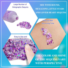 Meicoly Glitter Púrpura con formas estrellas y corazones para estilos divertidos.