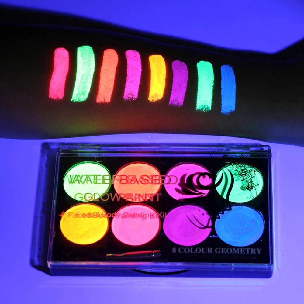 MEICOLY neon face paint palette with eight colors for vibrant UV glow designs