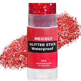 MEICOLY red face glitter stick application showcases bold, all-day sparkle.