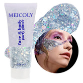 MEICOLY silver glitter on the face for festival sparkle.