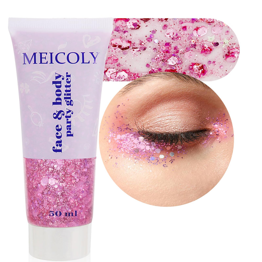 MEICOLY Valentine pink face glitter creates a holographic heart for stage makeup