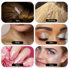 Meilury glitter enhances eyes and body with vivid festival-ready shimmer.