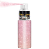 Meilury glitter spray bottle closeup with pink shimmer for festival sparkle.