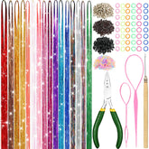 Meiyou hair tinsel kit close-up showing 6800 strands in 16 colors for vibrant accents