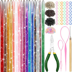 Meiyou hair tinsel kit close-up showing 6800 strands in 16 colors for vibrant accents