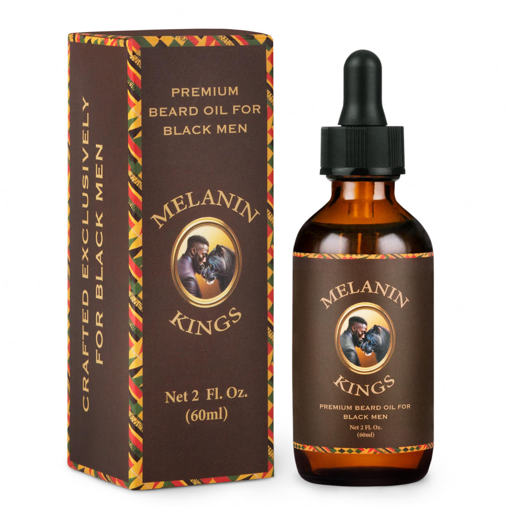 Melanin Kings Beard Oil bottle close-up shows rich hydration for beard hair