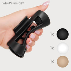 MELLO hair clip white demonstrates balanced hold for secure styles.