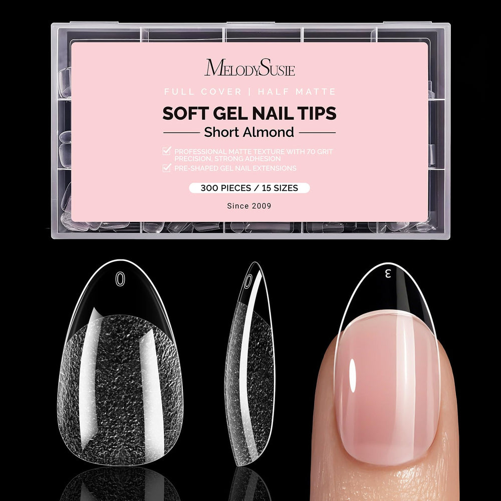 MelodySusie Short Almond X Nail Tips with half-matte finish for stronger adhesion
