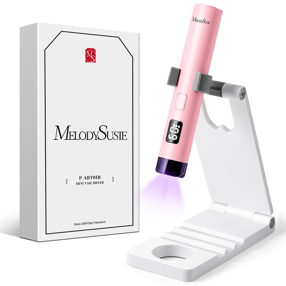 MelodySusie handheld UV light with stand enables hands-free gel nail curing.