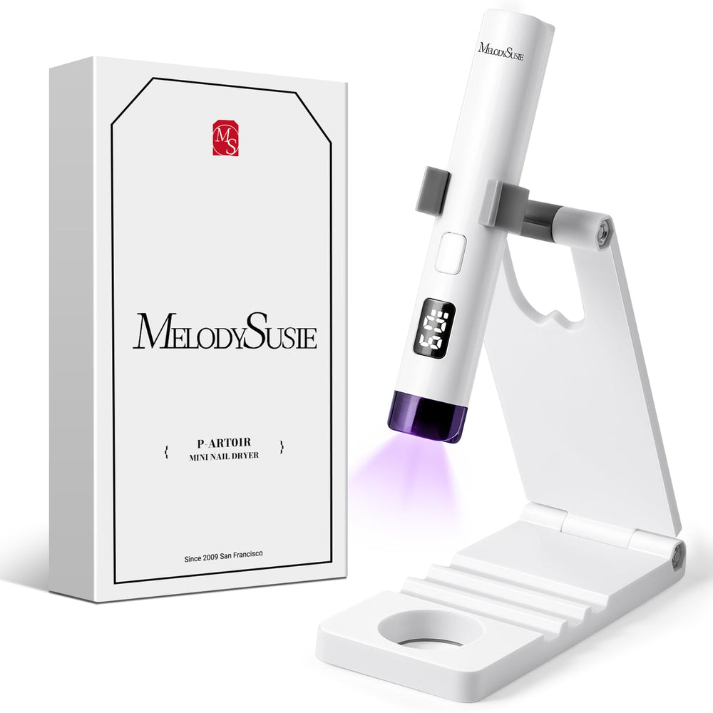 MelodySusie handheld UV light with stand for hands-free gel curing.