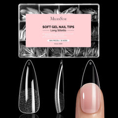 MelodySusie long almond stiletto tips in box front for precise salon fit