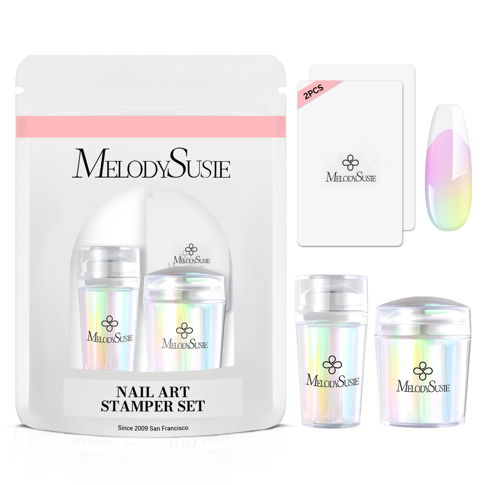 MelodySusie long stamp Aurora demonstrates precise French tip transfer for stylish nails.