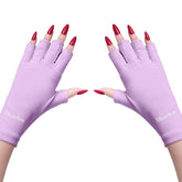 MelodySusie UV gloves worn during gel nail lamp use to reduce UV exposure (purple).