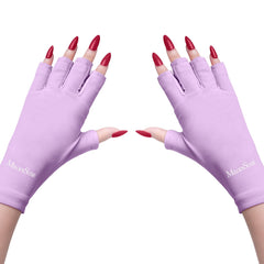 MelodySusie UV gloves worn during gel nail lamp use to reduce UV exposure (purple).