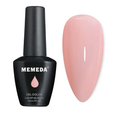 MEMEDA nude gel polish swatch on nail shows creamy nude shade.