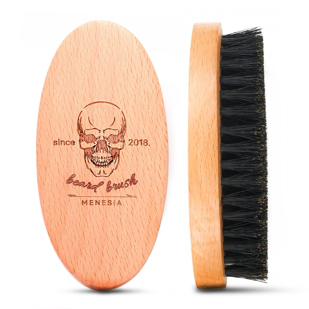 Menesia boar bristle beard brush shows natural bristles for gentle grooming.