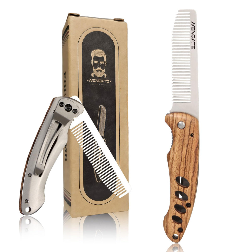 MenGate folding pocket comb with wooden handle for on-the-go grooming.