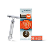 Merkur Mk34c close-up of the heavy-duty brass handle for precise control.