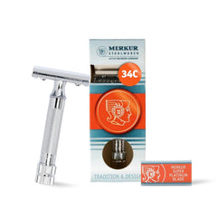 Merkur Mk34c close-up of the heavy-duty brass handle for precise control.