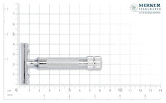 Merkur Mk34c twist-to-open mechanism demonstrated for easy blade changes.