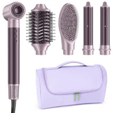MESCOMB dual voltage hair dryer brush in purple for travel-friendly styling.