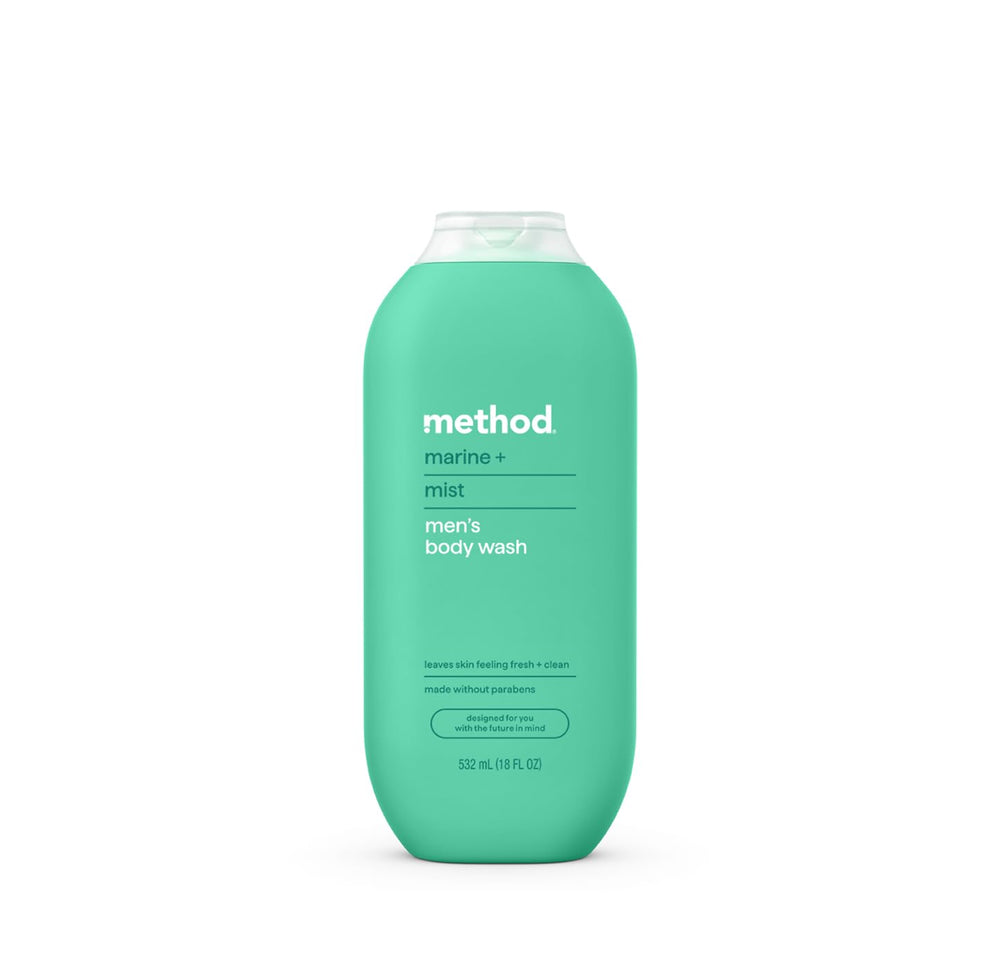 Method Marine + Mist body wash bottle showing sleek design and cruelty-free formula