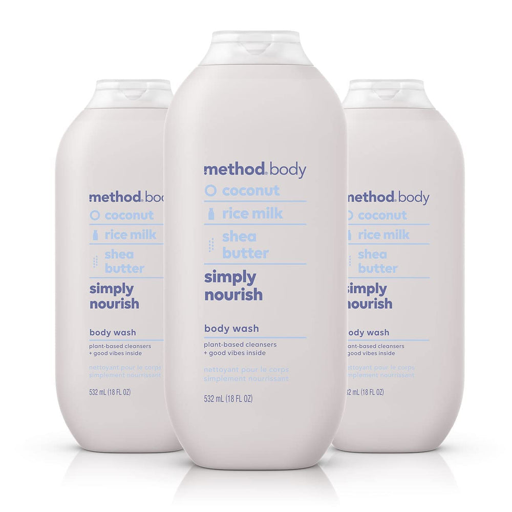 Method Simply Nourish body wash bottle on a shower shelf highlighting eco-friendly packaging