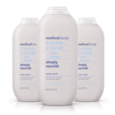 Method Simply Nourish body wash bottle on a shower shelf highlighting eco-friendly packaging