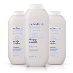 Method Simply Nourish body wash bottle on a shower shelf highlighting eco-friendly packaging