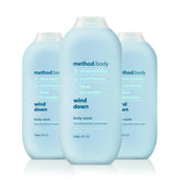 Method Wind Down body wash pack of three bottles, silky lather for a relaxing shower