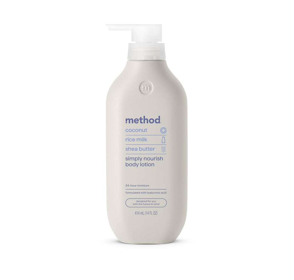 La botella Method crema corporal muestra hidratación continua de 24 horas.