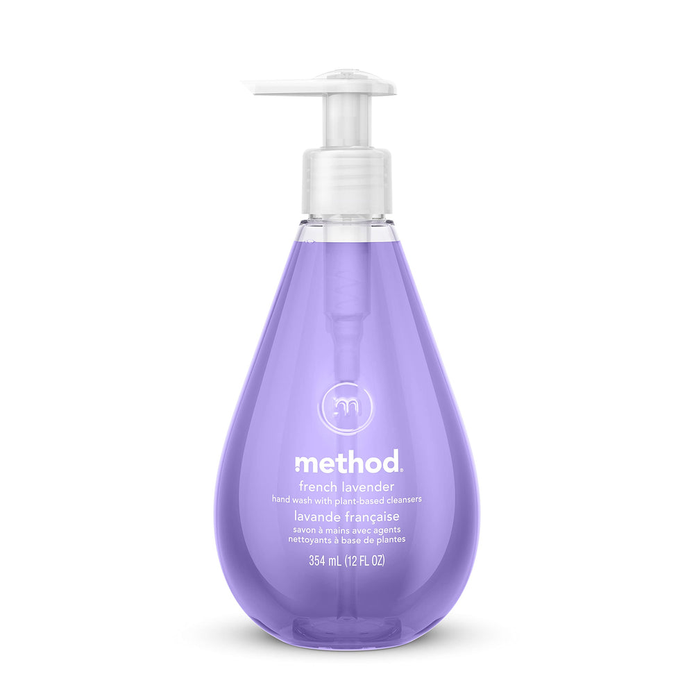 Method Gel Hand Wash French Lavender bottle pour shows plant-based cleansing and a refreshing scent.