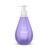 Method Gel Hand Wash French Lavender bottle pour shows plant-based cleansing and a refreshing scent.